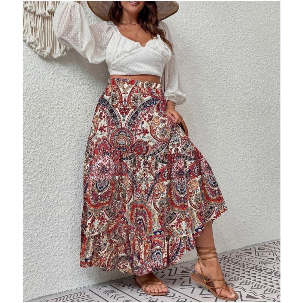 Boho Red Paisley Print Ruffle Maxi Skirt - Picture 4 of 5